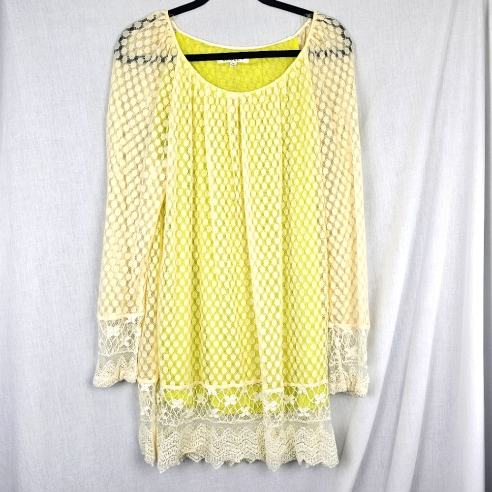 Umgee Lace Overlay Tunic Top Yellow Sheer Polka‎ Dot Layered Women's Size XL